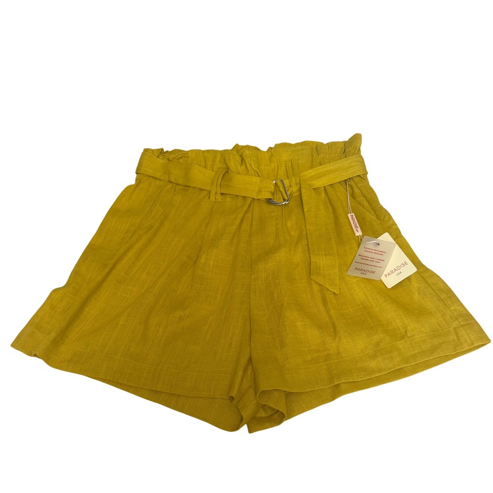 Paradise USA Shorts Paperbag Waist Belted Pleated Women Medium Mustard Linen Mix